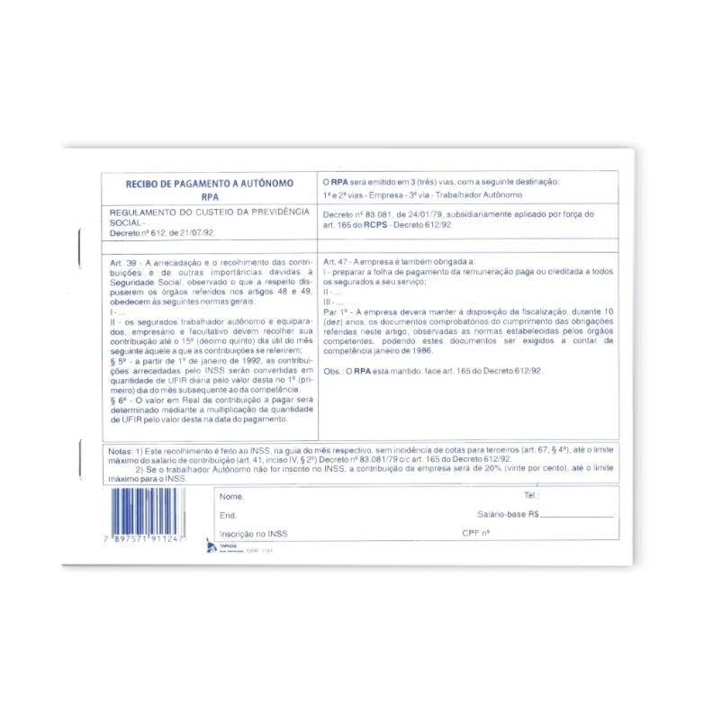 BLOCO DE RECIBO DE PAGAMENTO A AUTÔNOMO RPA 25X3 VIAS TAMOIO | Shopee ...