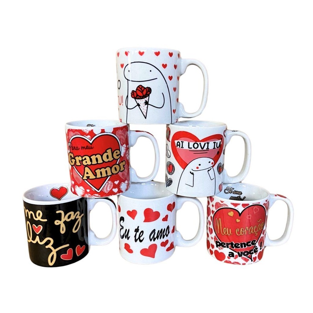 Kit 6 Canecas Porcelana Branca Decoradas Namorados 280 ml