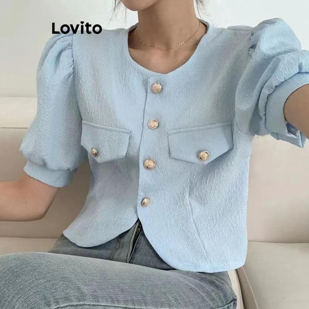 Lovito Blusa casual de bolso falso com botão liso para mulheres LNE55088