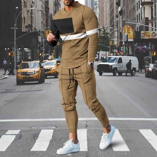 Terno de treino casual dos homens outono 2 peças impresso stripe shirts set moda rua manga longa corredores calças