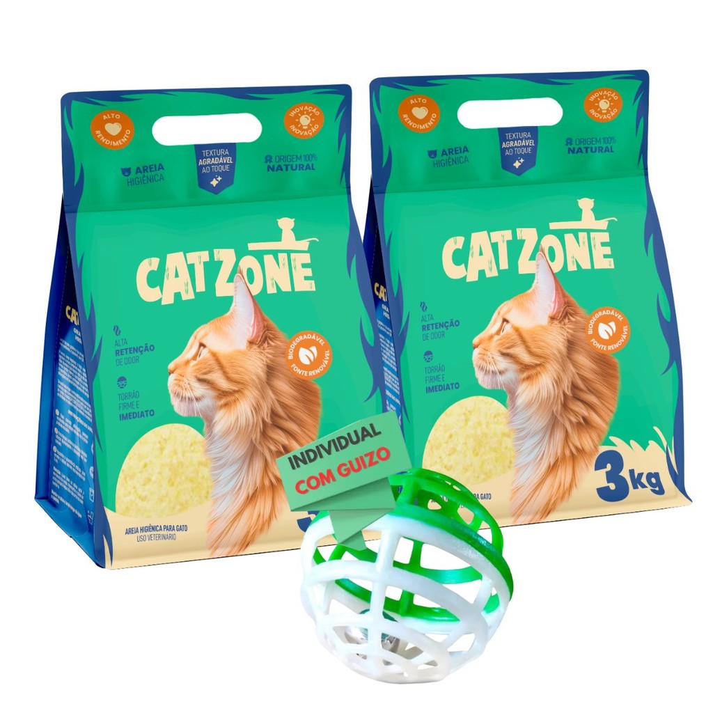 KIT 2 AREIAS HIGIENICAS PARA GATO CATZONE NATUAL 3K + BOLINHA COM GUIZO ...