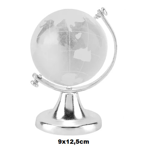 Enfeite de Mesa Decorativo Globo Terrestre Em Vidro Maciço e Metal Prateado 9x12,5cm DT1337T