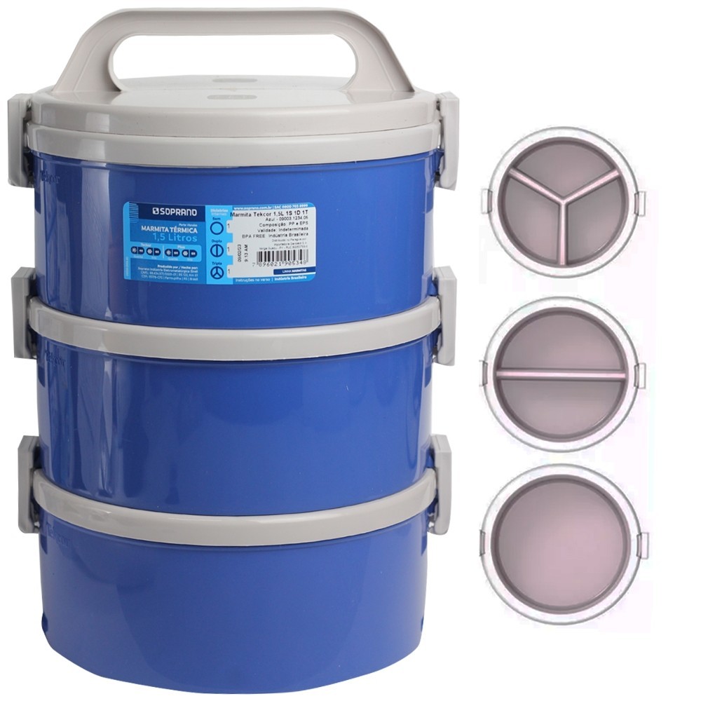 Jogo Marmita Azul 1,5 L Térmica 1 Simples 1 Dupla 1 Tripla Teckor Soprano