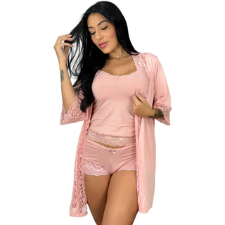 Kit Robe Kimono e Short Doll Feminino Nanda Linha Noite | 040_790