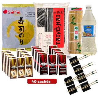 Kit Sushi Arroz Grão curto Alga Nori 10Fls Vinagre de Arroz Esteira 20 Sachês Shoyu 20 Sachês Tarê