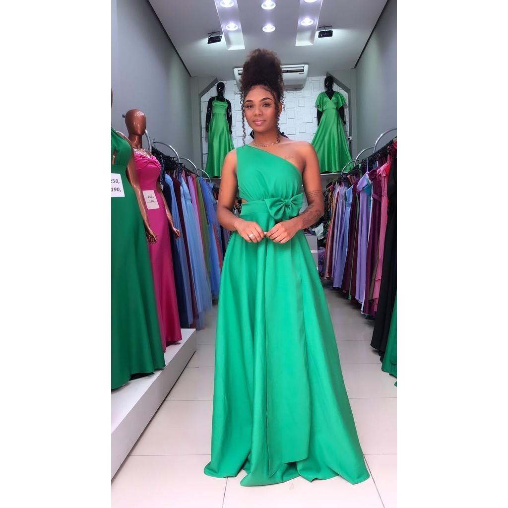Vestido Um Ombro Só Cut Out com Laço na Cintura Verde Bandeira