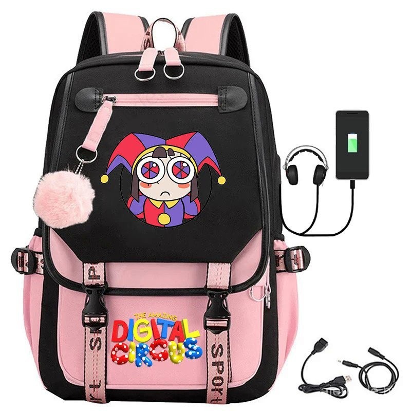 The Amazing Digital Circus Schoolbag Adolescente Estudantes Usb Carregamento Mochila Meninos Meninas Anime Bookbag Laptop Bag Viagem Mochila QMAE