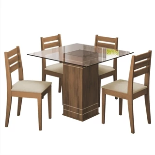 Conjunto Sala de Jantar Mesa Onix Tampo em Vidro 1,00m 4 Cadeiras Dakar Cedro / Off White / Bege Dobuê