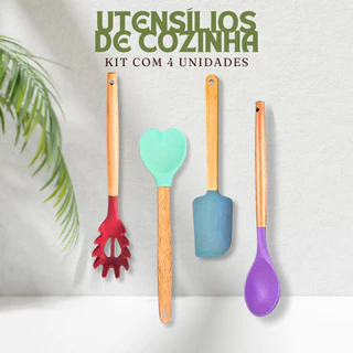 KIT 4 UNIDADES Utensílios de Cozinha Bambu Com Silicone / Ótimo para o Dia a Dia / ENVIO DE CORES ALEATÓRIO