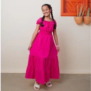 Vestido Juvenil Midi de Menina Pink Três Maria Longo Rosa Com babado Moda Evangélica festa