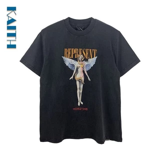 # T25 Popular Casal De Algodão Mais Tamanho Crewneck Tee Gráfico Coreano Vintage Peito Grafite Anjo Padrão De Dois Tons Impressão De Carta Streetwear Camisetas Unisexo Para Homens
