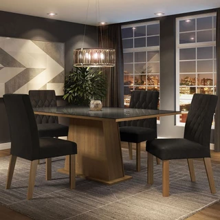 Conjunto Sala de Jantar Mesa Tampo de Vidro 4 Cadeiras Rustic/Preto/Oxford Aryeli Madesa em Oferta na Shopee