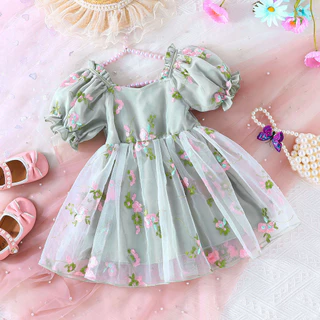 Vestido De Bebê Menina Recém-Nascidos 6 Meses-3 Anos Moda Verão Mangas Bufante Tule Bordado Floral Fofa Em Malha Ruffle Trim Vestidos De Princesa Infantil
