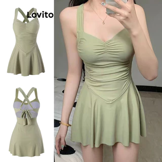 Lovito Maiô Casual De Uma Peça Plissada Com Estrutura Lisa E Linha Para Mulheres LNE50415