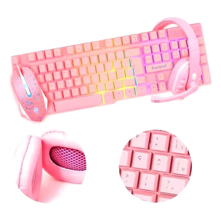Super Kit Gamer Raro Rosa Evolut Teclado Semi Mecânico + Mouse Gamer + Headset