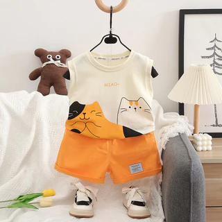 Roupas Infantis Novas Meninos Desenho Animado Colete Colorido 2Pcs Gatos 0-5 Anos