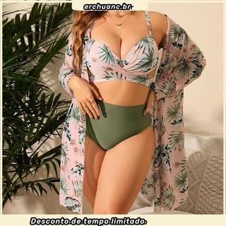 Biquíni Maiô Plus Size 3 em 1 Conjunto de Três Peças Tamanhos Extra Grandes 44 ao 52 Capa Xale de Rede Blusa Manga Longa Proteção Solar Aquecimento Amarração Estampado Cintura Alta