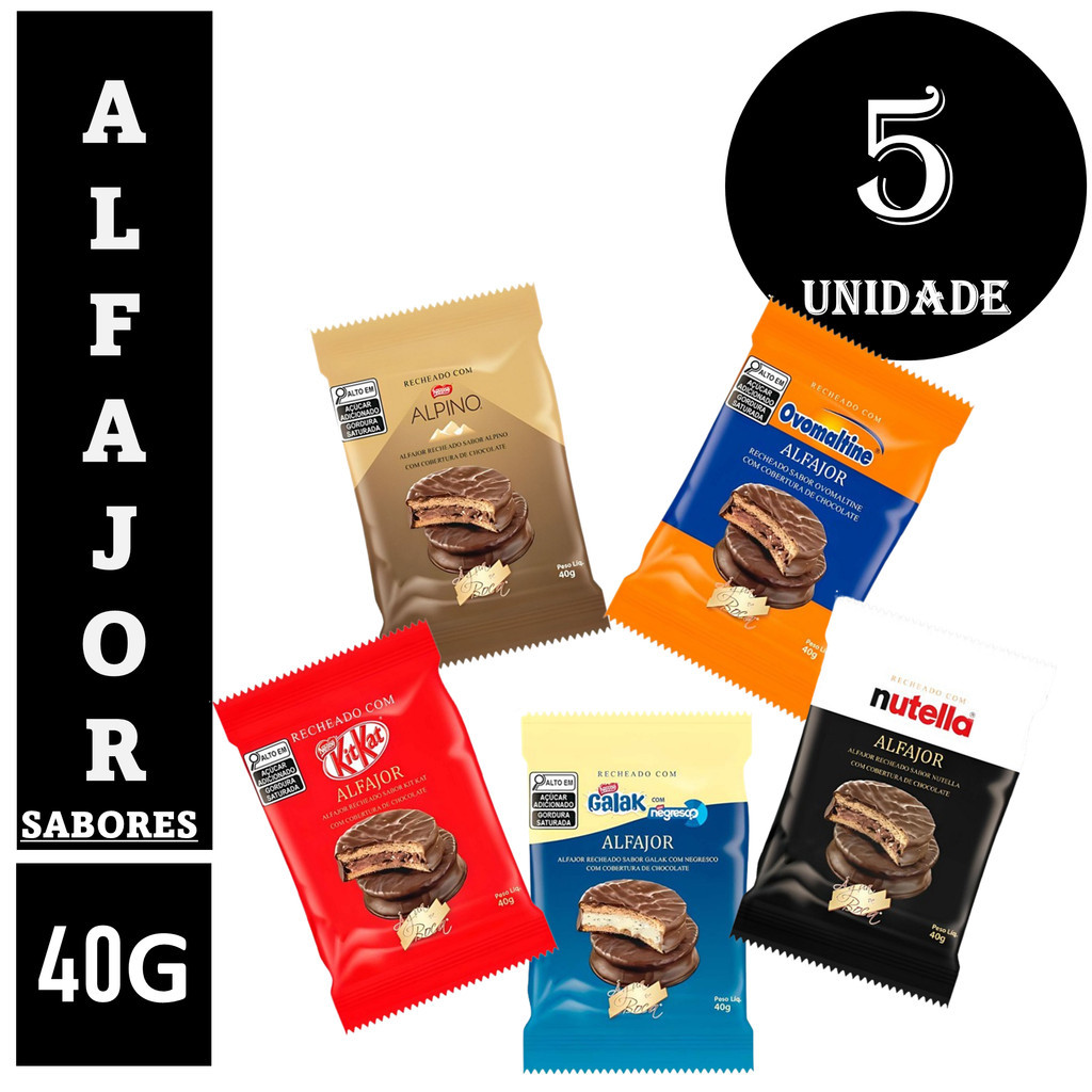 Kit c/10 Dois De Cada Sabor Recheado Com Nutella Alfajor 40g
