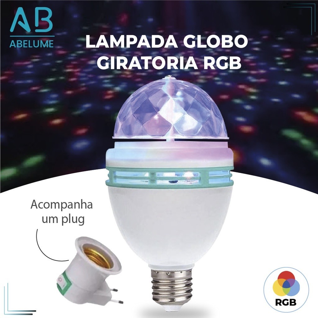 Lâmpada Giratória Colorida Led Bola Maluca Rgb + Adaptador Tomada para Festas Baladas