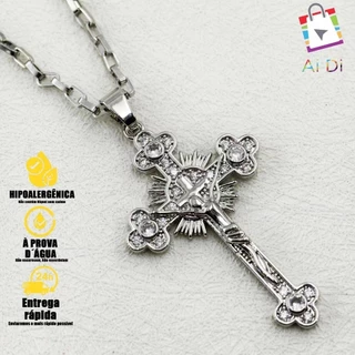 Colar de Zircônia Cúbica em Prata Esterlina com pingente de crucifixo católico de prata esterlina cruz cristã de Jesus