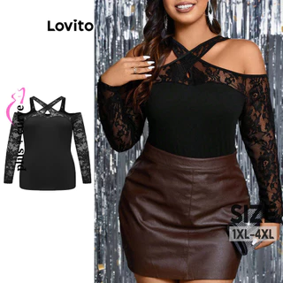 Lovito Blusa plus size curva elegante de renda lisa com ombro frio para mulheres LBL13285
