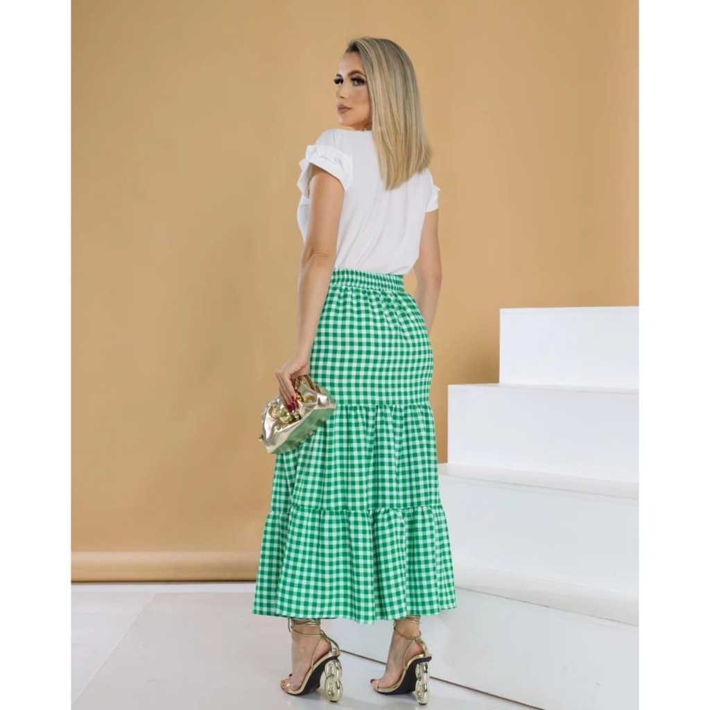Saia Verde Midi chá Longa Xadrez Quadriculada com Forro Godê Evasê Rodada  Transpassada social Tecido Duna Viscose Festa Junina Arraial