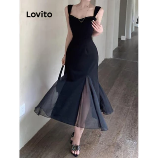 Lovito Vestido casual de malha lisa e contrastante para mulheres LNE58226