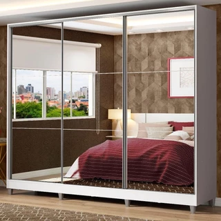Guarda Roupa Casal 100% MDF Madesa Zurique 3 Portas de Correr de Espelho com Pés - Branco em Oferta na Shopee
