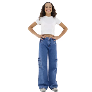 Calça Jeans Bolso Cargo Wide Leg Infantil Menina Pantalona