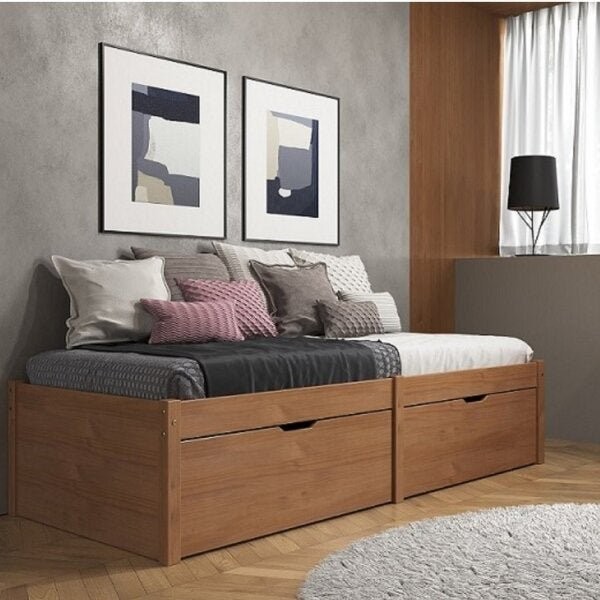 Cama Solteiro 2 Gavetas Madeira Maciça Beauty Amendoa