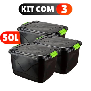 Kit 3 Caixas Organizadora 50 Litros Grande C/Tampa e Trava Cesto para Brinquedos e Multiuso
