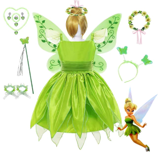 Disney Little Fairy Princess Girls Dress Tinkerbell Kids Baby Cosplay Roupa Verde Infantil