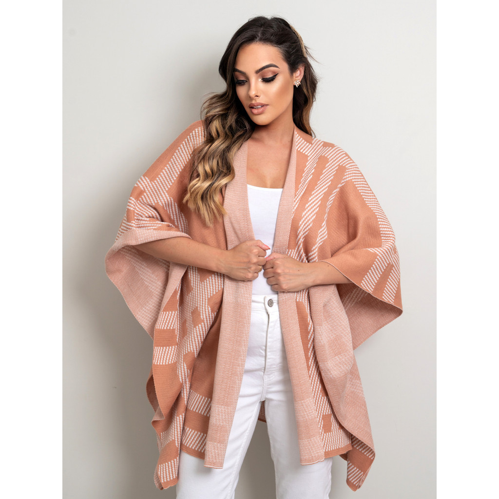Cardigan Tricot Xadrez esoanador Bloco de cores Manga de Asa de