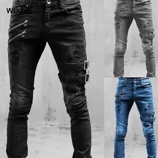 Jeans De Motocicleta Moda Masculina Vintage Slim Casual Street Style Hip Hop Ripped Retro (WL2BR0627)