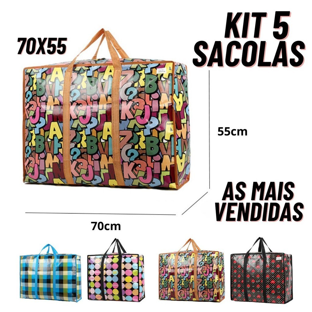 5 Sacolas de Feira 70x55 Grande Feira Zíper Impermeável Sacoleira Novos ...