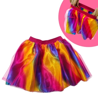 Saia Tutu Colorida em Camadas Estilo Arco-Íris Infantil Para Meninas