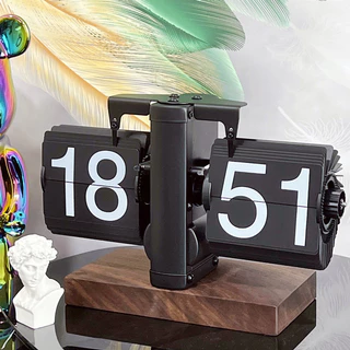 (Novo) Relógio mecânico retro de madeira maciça para virar a página para decoração de desktop doméstico com base de madeira quadrada para pêndulo de relógio