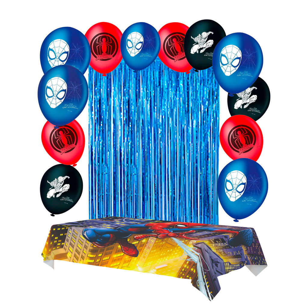 Kit festa Homem Aranha Decoração Cortina Azul + Balão + Toalha TNT ...