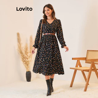 Lovito Vestido elegante Ditsy floral com babados e botões para mulheres LBL11411