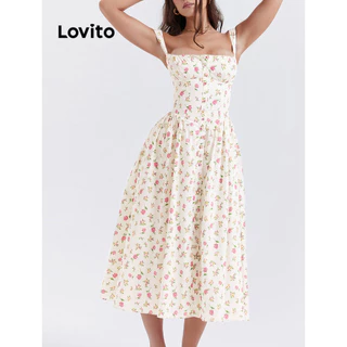 Lovito Casual Vestido Feminino Floral Drapeado com Botão LNL50089