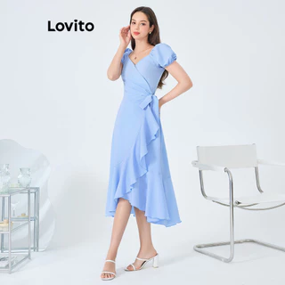 Lovito Vestido boho liso com renda e babados na bainha para mulheres L87ED363