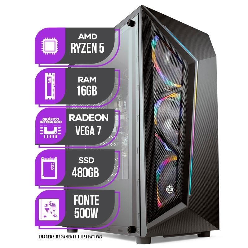 PC Gamer Mancer, AMD Ryzen 5 5600GT, Vega 7, 16GB DDR4, SSD 480GB, Fonte 500W 80 Plus