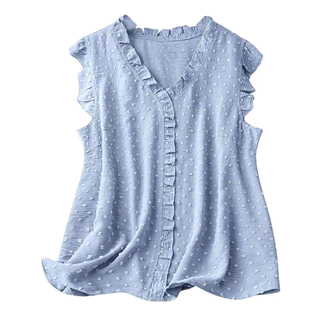 Colete De Verão Azul Rosa Sólido V Pescoço Em Sem Mangas Tops Mulher Casual Ball Tecido Ruffle Blusa