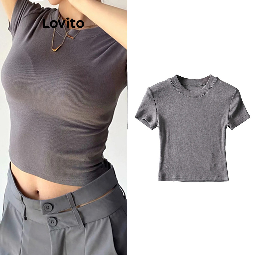 Lovito Camiseta esportiva básica lisa esportiva feminina LNL52034
