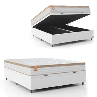 Cama Box Baú Colchão Casal King Molas Ensacadas Real 193x203x68cm Branco / Bege Linho Inducol - Suporta até 130kg por Pessoa