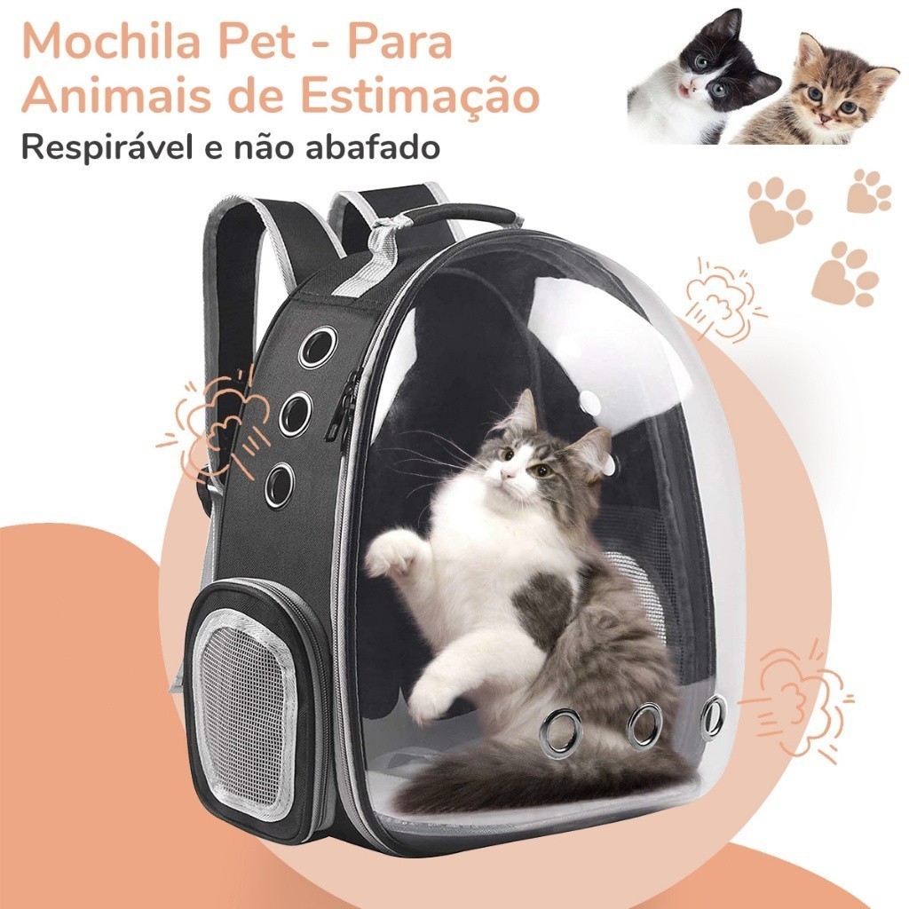 Mochila Pet Astronauta Cães e Gatos Animais Transparente Passeio Respirável Visão Panorâmica cor：Preto