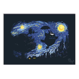 Quadro Totoro Vang Gogh Noite Estrelada Studio Ghibli