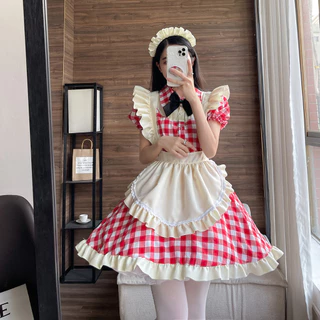 Estilo japonês fofo lolita vestido de empregada sexy cosplay uniforme vestido preto vermelho plus size