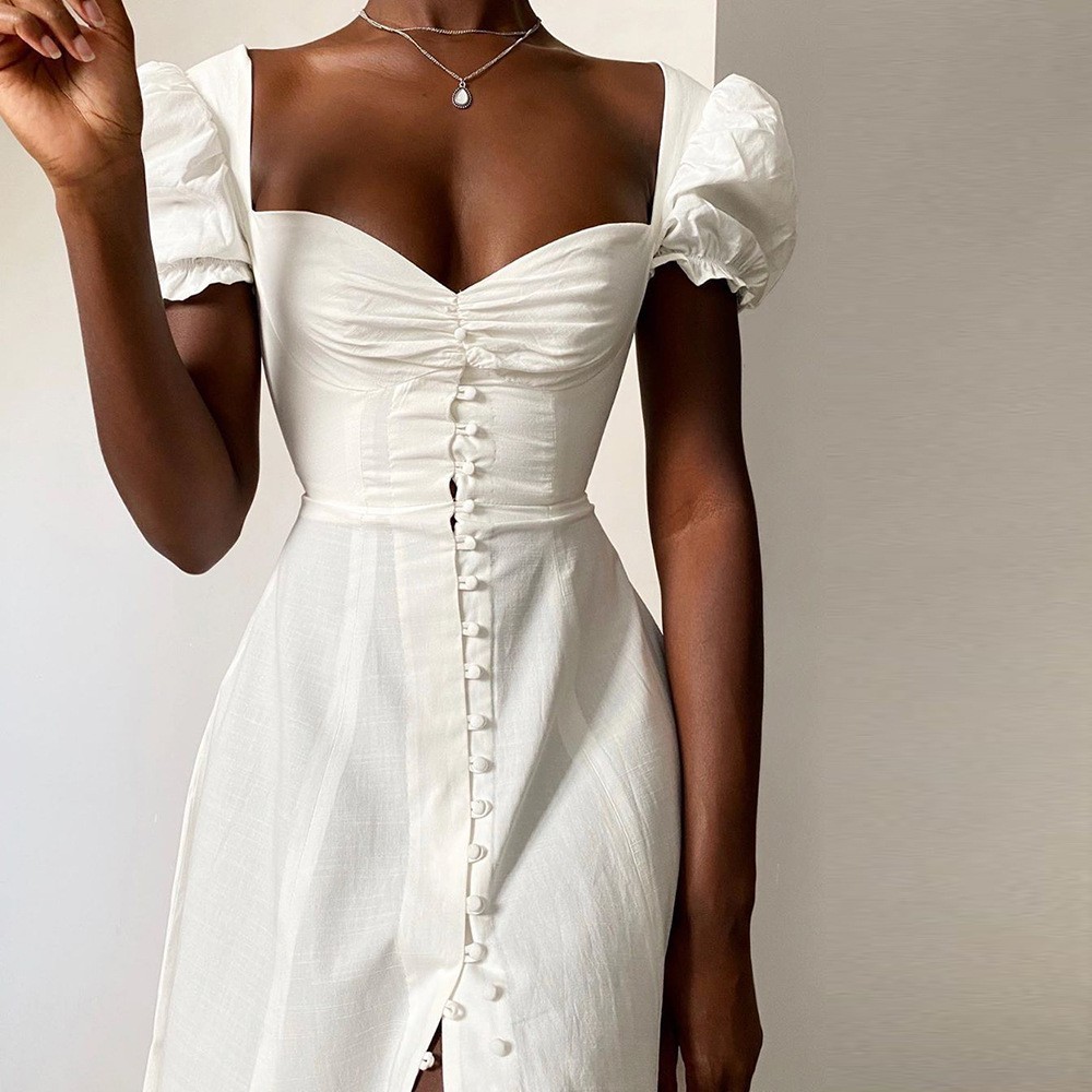 Cor Sólida Feminina Mangas De Princesa Temperamento Fenda Alta Vestido Francês Retro Saia midi casual