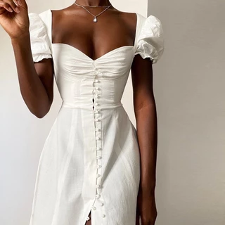 Cor Sólida Feminina Mangas De Princesa Temperamento Fenda Alta Vestido Francês Retro Saia midi casual